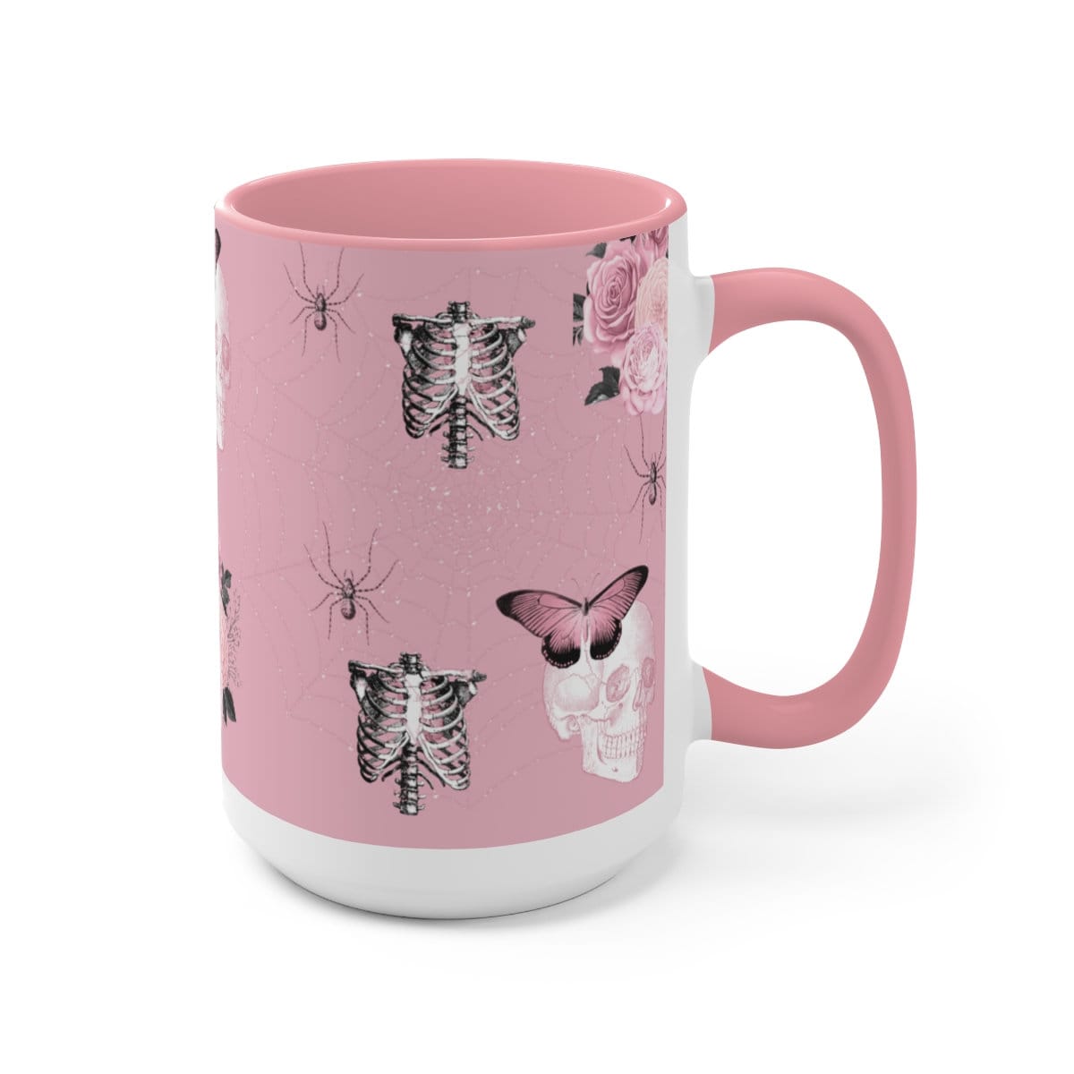 Spooky fall coffee mug - gothic rose, skeleton & spiders - 15 oz ceramic coffee mug