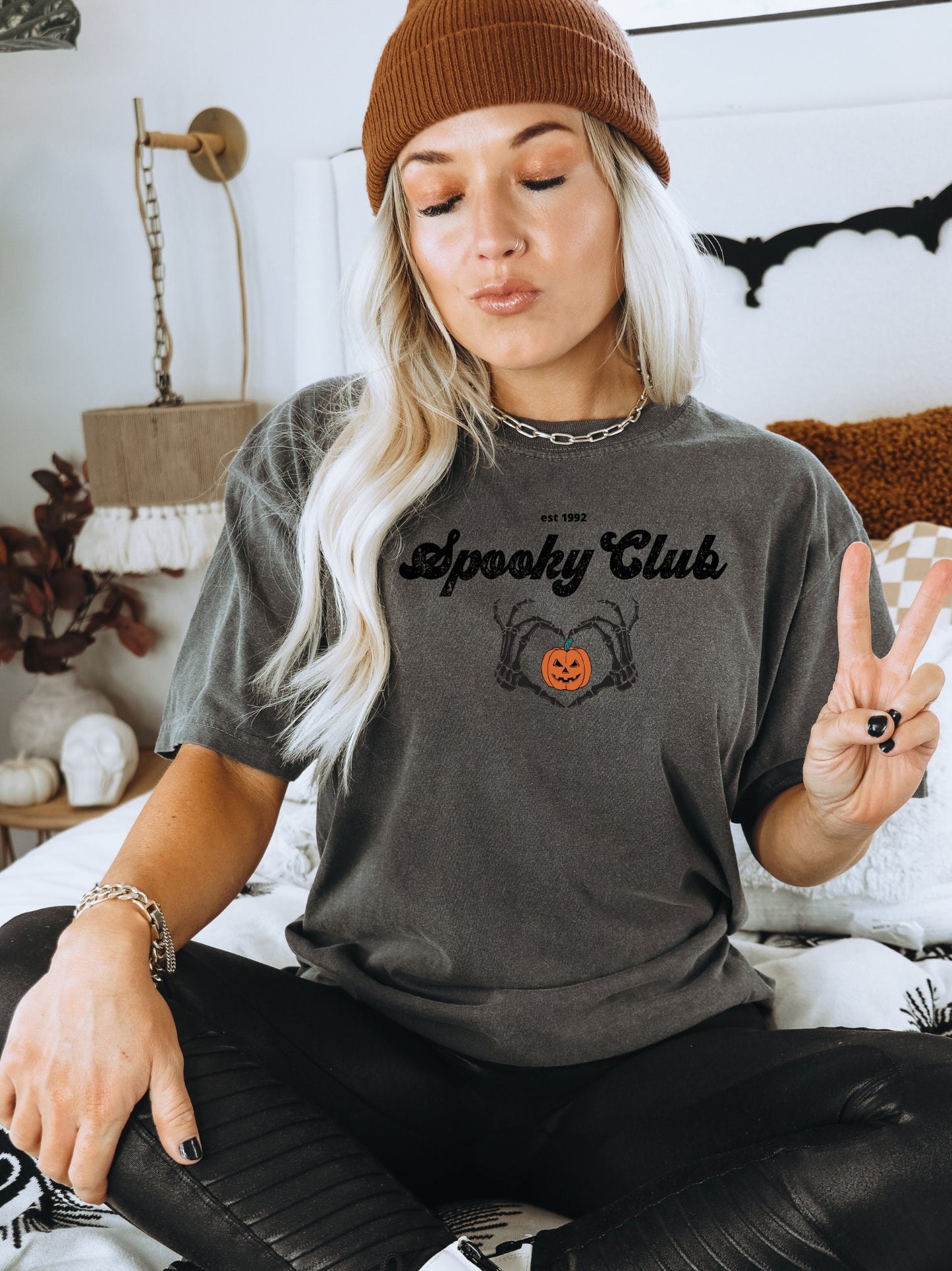 Spooky Club T-shirt, Skeleton hands with pumpkin shirt, Halloween Oversized T-shirt, Spooky Season Shirt, Halloween Aesthetic shirt