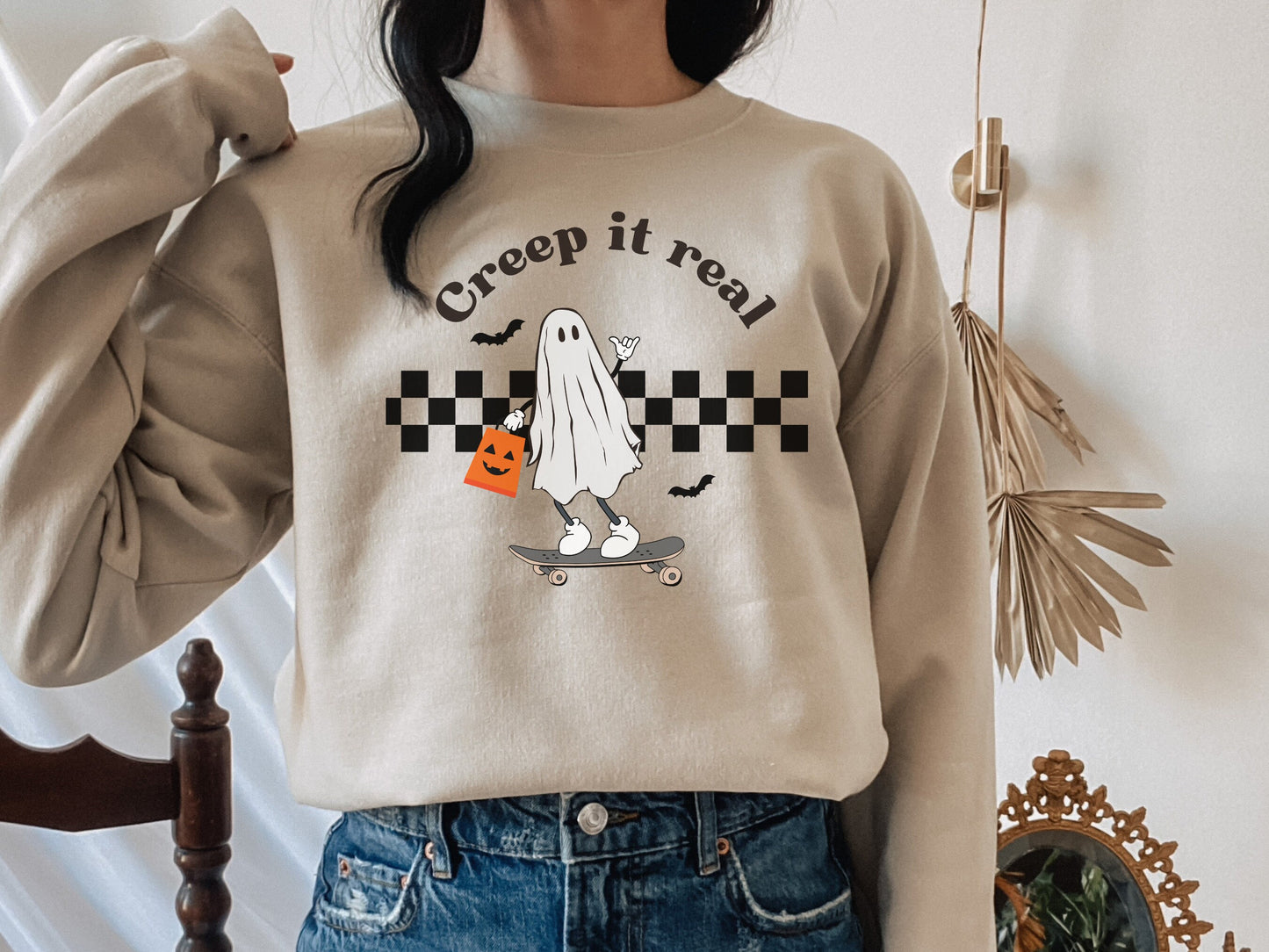 Creep it real Halloween sweatshirt, Ghost Crewneck, Funny women's sweatshirt, Halloween party sweatshirt