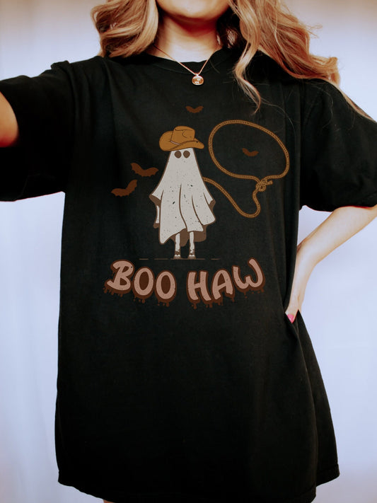 Country halloween ghost shirt, comfort colors shirt, Halloween shirt, boo haw shirt, cowboy ghost, trendy graphic tee