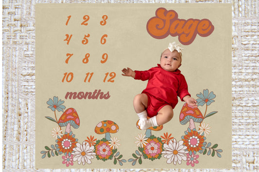 Cottage core Milestone Blanket, Groovy Baby blanket, Personalized Groovy Milestone Baby Blanket, Baby Milestone Blanket, Monthly, Baby Gift