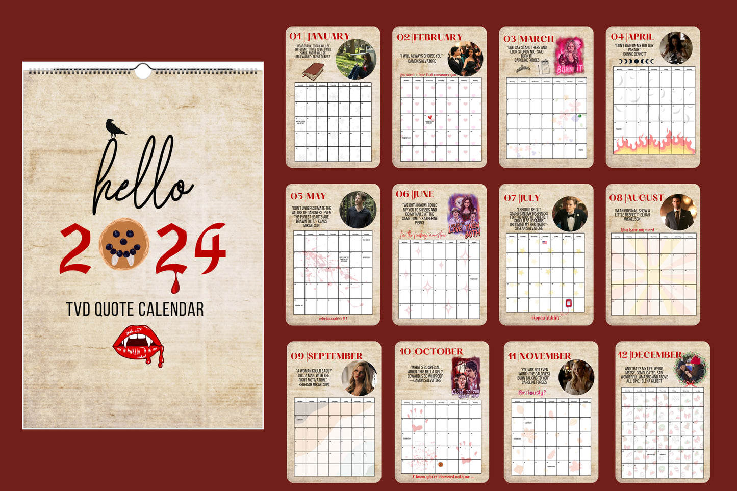 TVD 2024 Calender, The Vampire Diaries Calendar, TVD Fan gift, Salvatore Brothers, TVD Xmas gift, Tvd merch